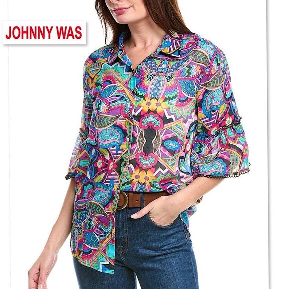 Johnny Was Tops - Johnny Was Demarne Ruffle Sleeve Tunic Shirt Top R24924 XS Multi Boho Chic